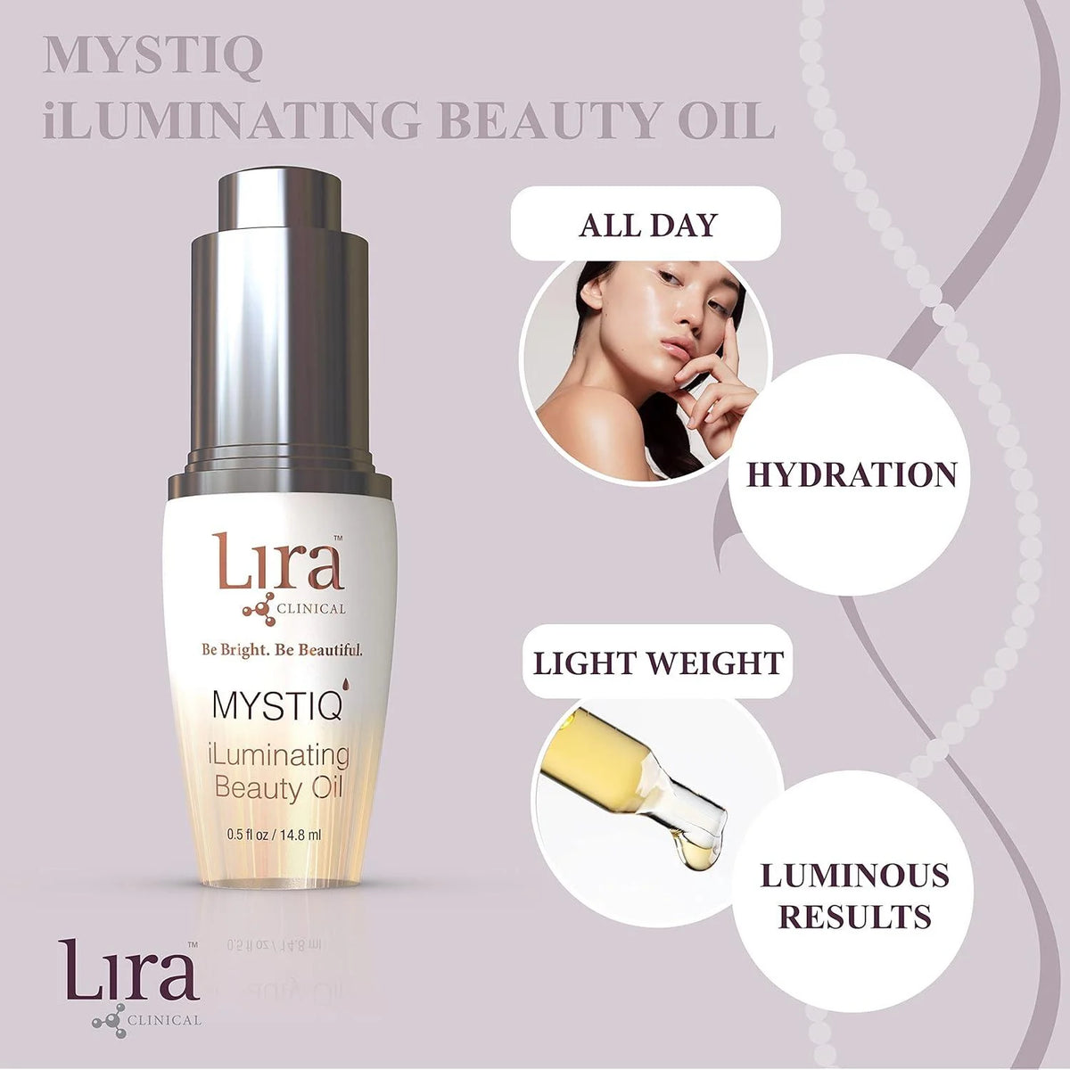 Lira Clinical MYSTIQ iLuminating Beauty Oil – hvit pumpeflaske med rødgull Lira Clinical-logo og MYSTIQ iLuminating Beauty Oil-etikett, tørrolje for ansikt med plantestamceller og kolloidalt gull for nærende glød, 14,8 ml