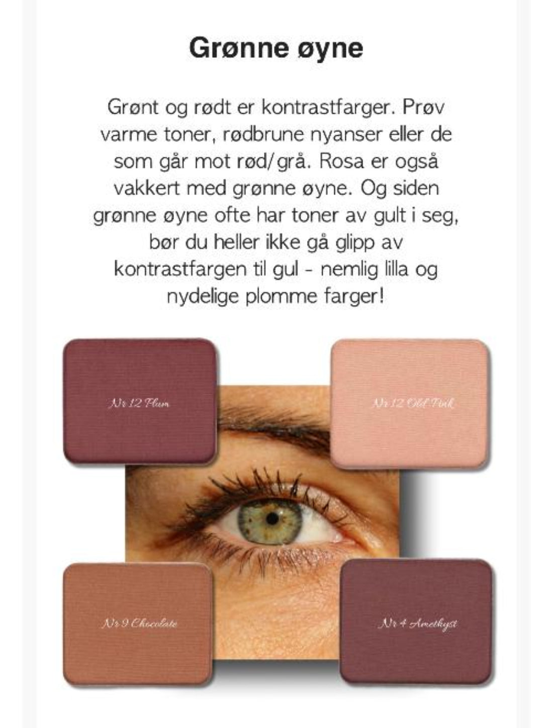 Sminkeguide for grønne øyne med et øyebilde og fire øyenskyggerefiller i plomme, rosa, brun og lilla