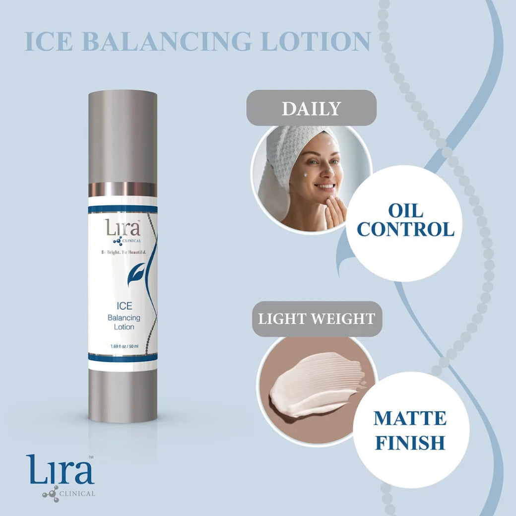 Lira Clinical ICE Balancing Lotion infografikk – viser produktegenskapene Daily, Oil Control, Light Weight og Matte Finish for talgregulering og balansert hud