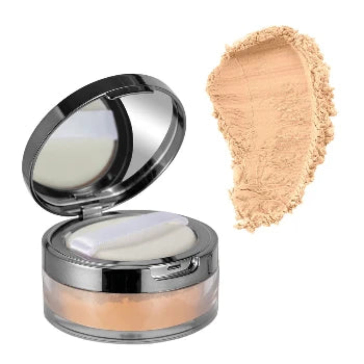 Tind of Norway Powder Foundation #3 Warm Beige, åpen pudderboks og lys beige fargeprøve