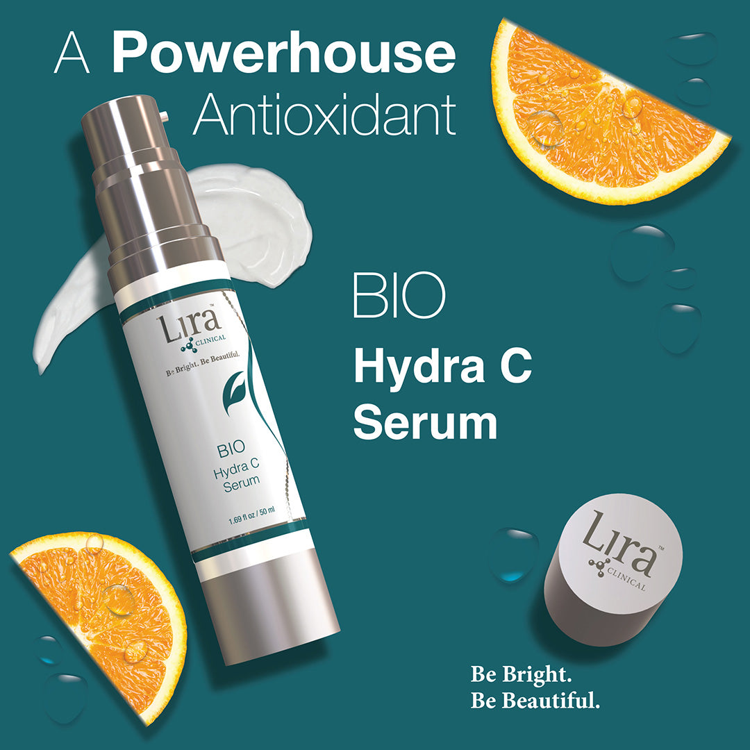 Lira Clinical BIO Hydra C Serum «A Powerhouse Antioxidant» – grå pumpeflaske med appelsinskiver og kremtekstur på teal bakgrunn, kraftig antioksidantserum med 4 former for vitamin C og plantestamceller, 50 ml