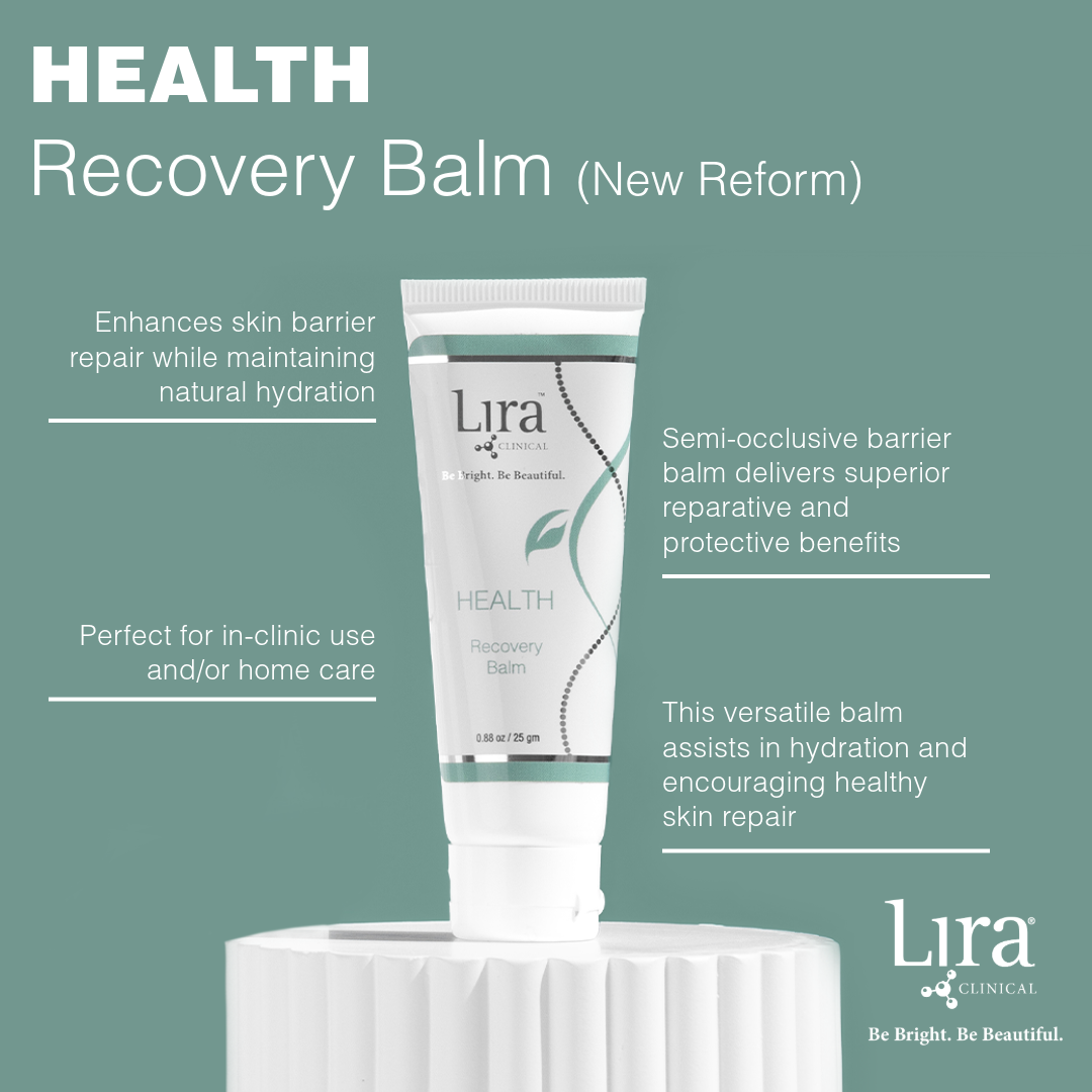 Lira Clinical HEALTH Recovery Balm infografikk – hvit tube med fire fordeler: Enhances skin barrier repair, Semi-occlusive barrier balm, Perfect for in-clinic and home care, Assists in hydration and healthy skin repair, 25 g
