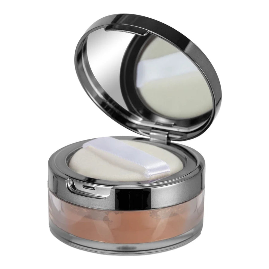 Åpen rund beholder med Tind of Norway Powder Foundation #7 Espresso, speil i lokket og hvit pudderpute