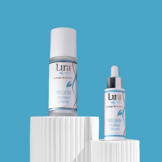 Lira clinical PDRN+ Crème og Serum på piedestaler, regenererende serie med PDRN-teknologi