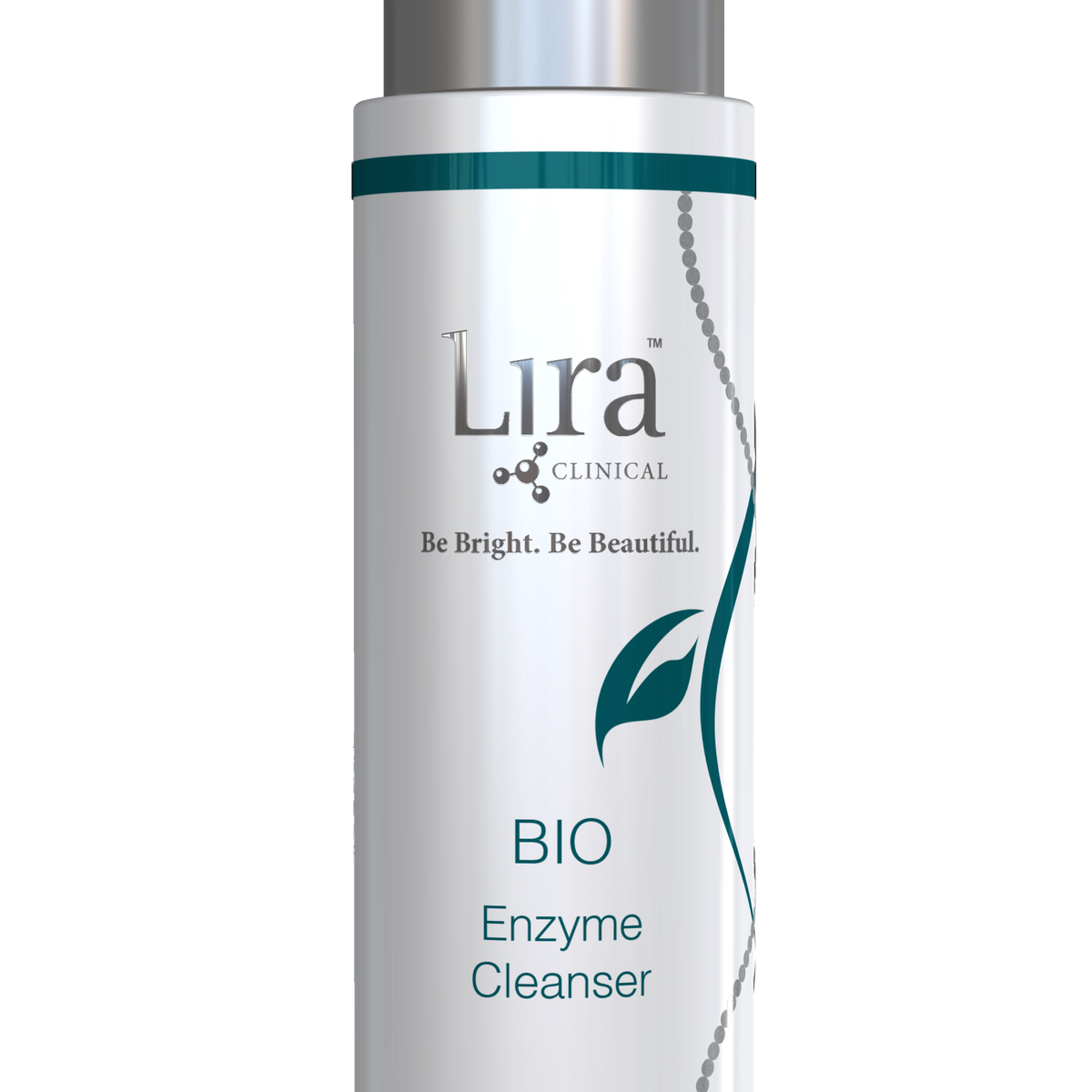 Lira Clinical BIO Enzyme Cleanser – hvit pumpeflaske med sølvgrå lokk og «Be Bright. Be Beautiful.» slagord, skånsom enzymatisk rens med Alpine Rose plantestamceller for sensitiv og tørr hud, 177 ml