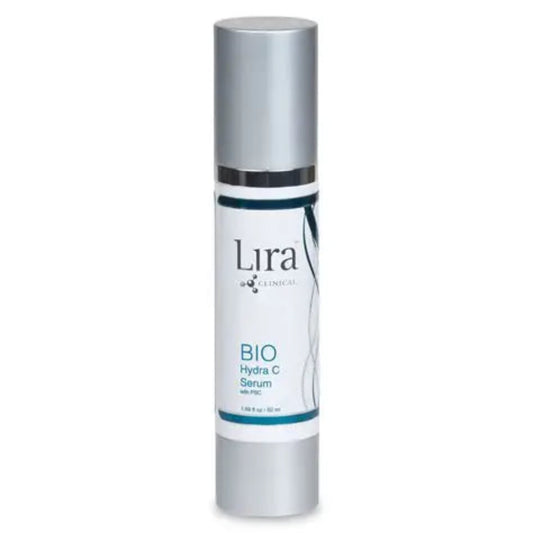 Lira Clinical BIO Hydra C Serum – hvit og sølv airless pumpeflask med teal og hvit BIO Hydra C Serum-etikett og Lira Clinical-logo på hvit bakgrunn, antioksidantserum med 4 former for vitamin C og plantestamceller, 50 ml