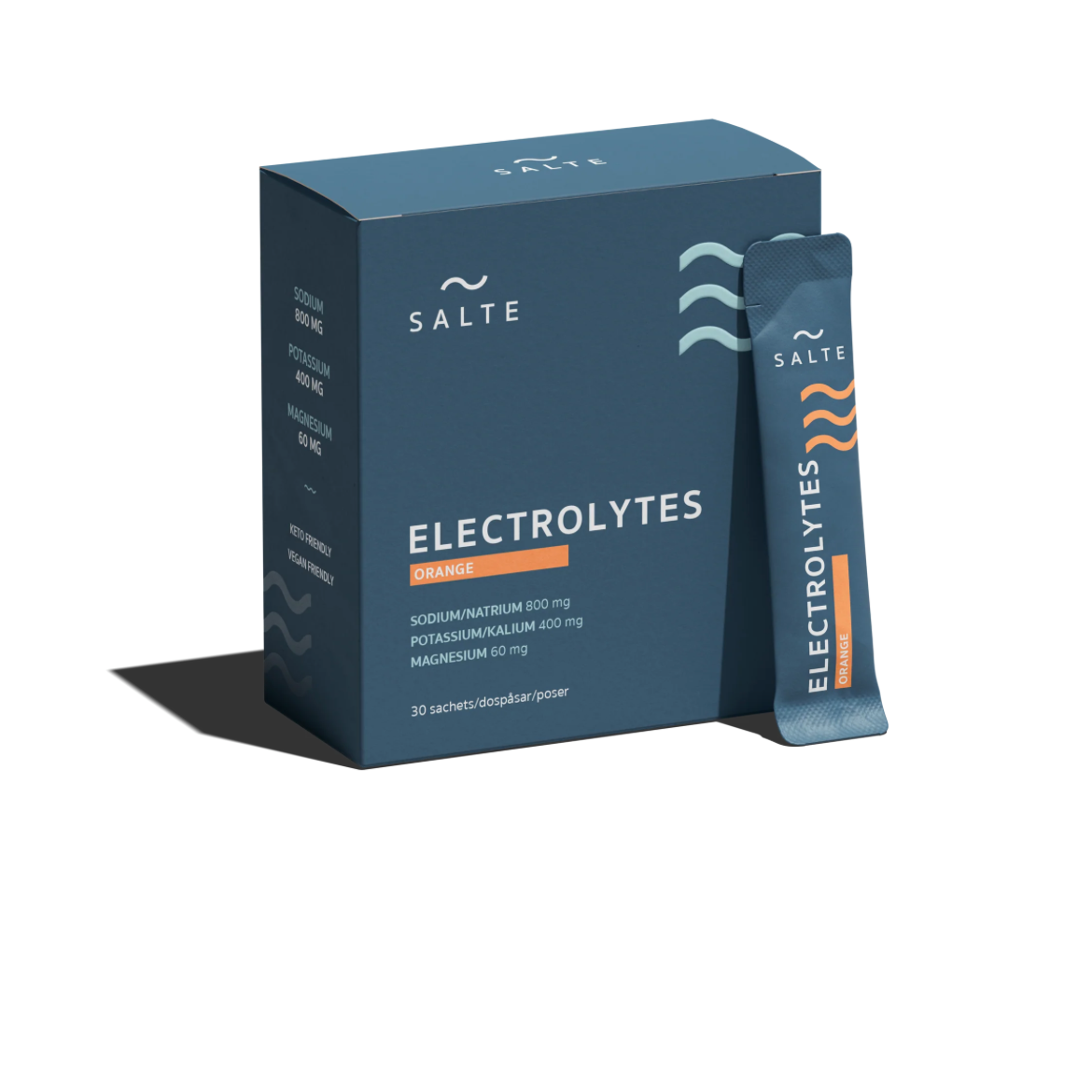 Salte Electrolytes med appelsinsmak, eske med 30 poser og én enkeltpose på hvit bakgrunn