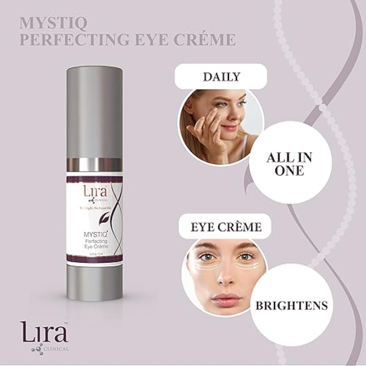 MYSTIQ Perfecting Eye Crème fra Lira Clinical påført under øyet – fuktighetsgivende og oppstrammende