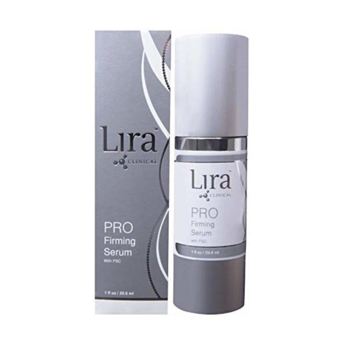 Lira Clinical PRO Firming Serum – grå og sølv airless pumpeflask med hvit PRO Firming Serum-etikett og Lira Clinical-logo, oppstrammende peptidserum med plantestamceller og kolloidalt gull, 29,6 ml