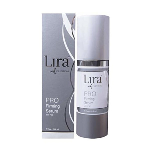 Lira Clinical PRO Firming Serum – grå og sølv airless pumpeflask med hvit PRO Firming Serum-etikett og Lira Clinical-logo, oppstrammende peptidserum med plantestamceller og kolloidalt gull, 29,6 ml