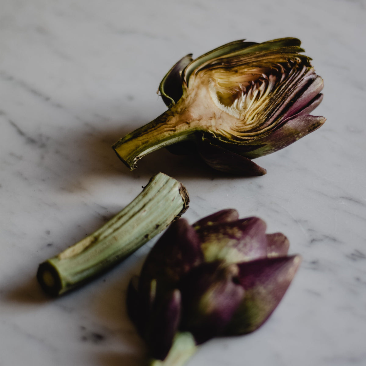 Halvert artisjokk (Cynara scolymus) med lilla-grønne blader på hvit marmor – artisjokk er en av de naturlige urteingredensene i Herba Plus Glucoboss Balance, tradisjonelt brukt for karbohydratomsetning og fordøyelse