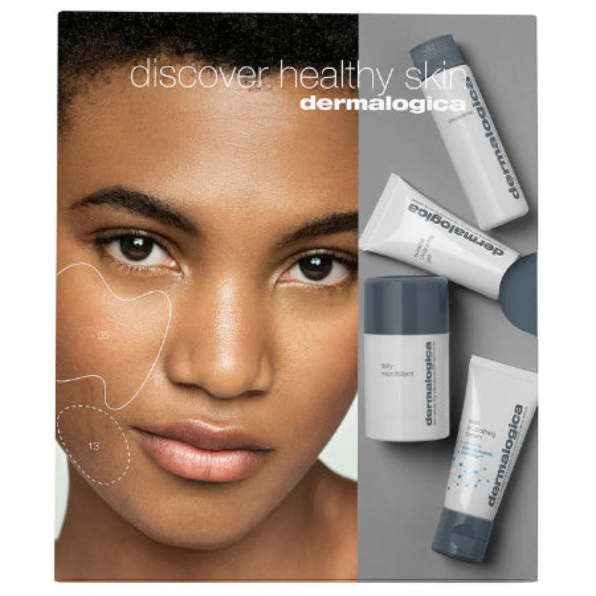 Dermalogica Discover Healthy Skin Kit – introduksjonssett med Pre Cleanse, Special Cleansing Gel, Daily Microfoliant og Skin Smoothing Cream på hvit bakgrunn