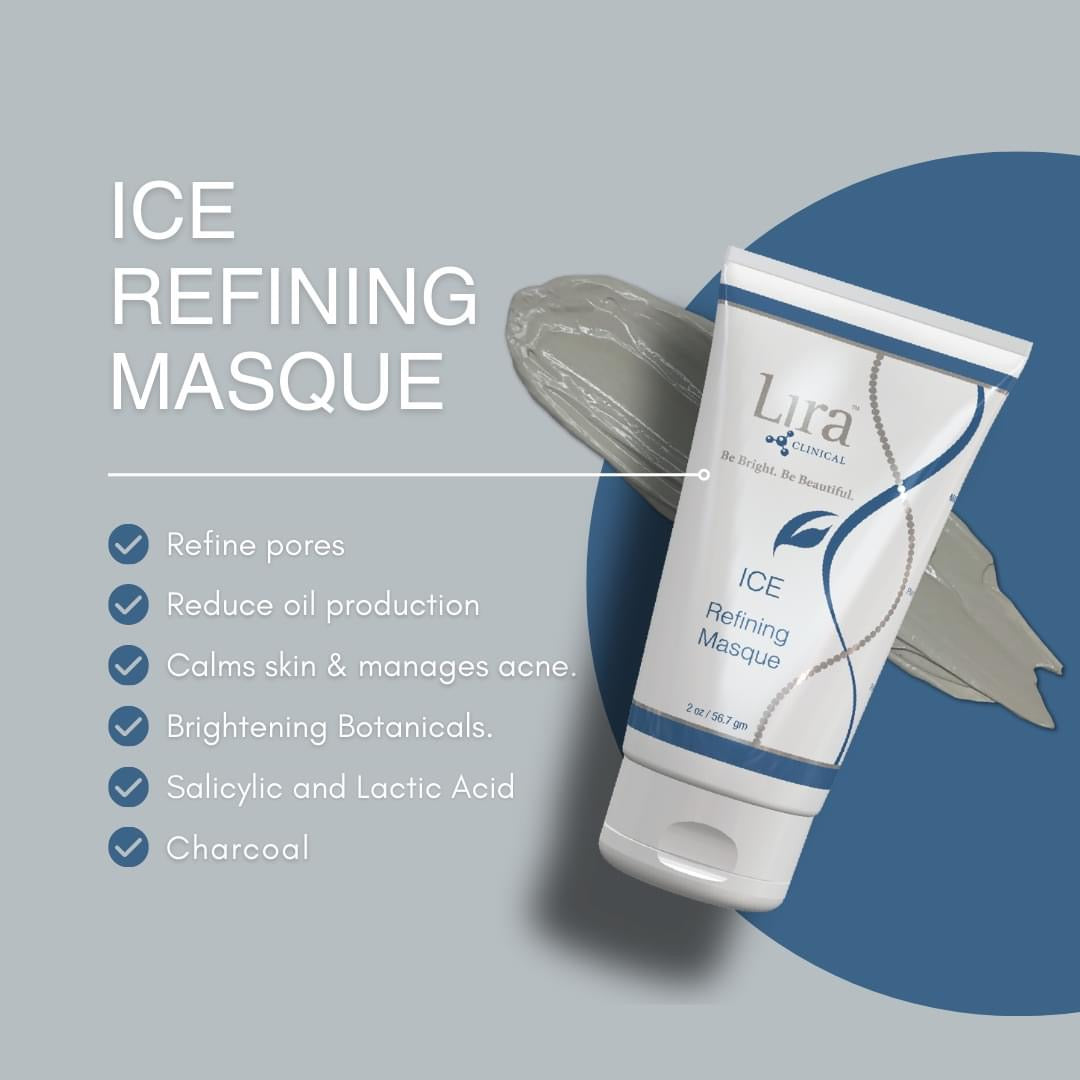 Lira Clinical ICE Refining Masque infografikk – hvit tube med grå leiremaske-tekstur og nøkkelfordelene Refine Pores, Reduce Oil Production, Calms Skin & Manages Acne, Brightening Botanicals, Salicylic and Lactic Acid og Charcoal