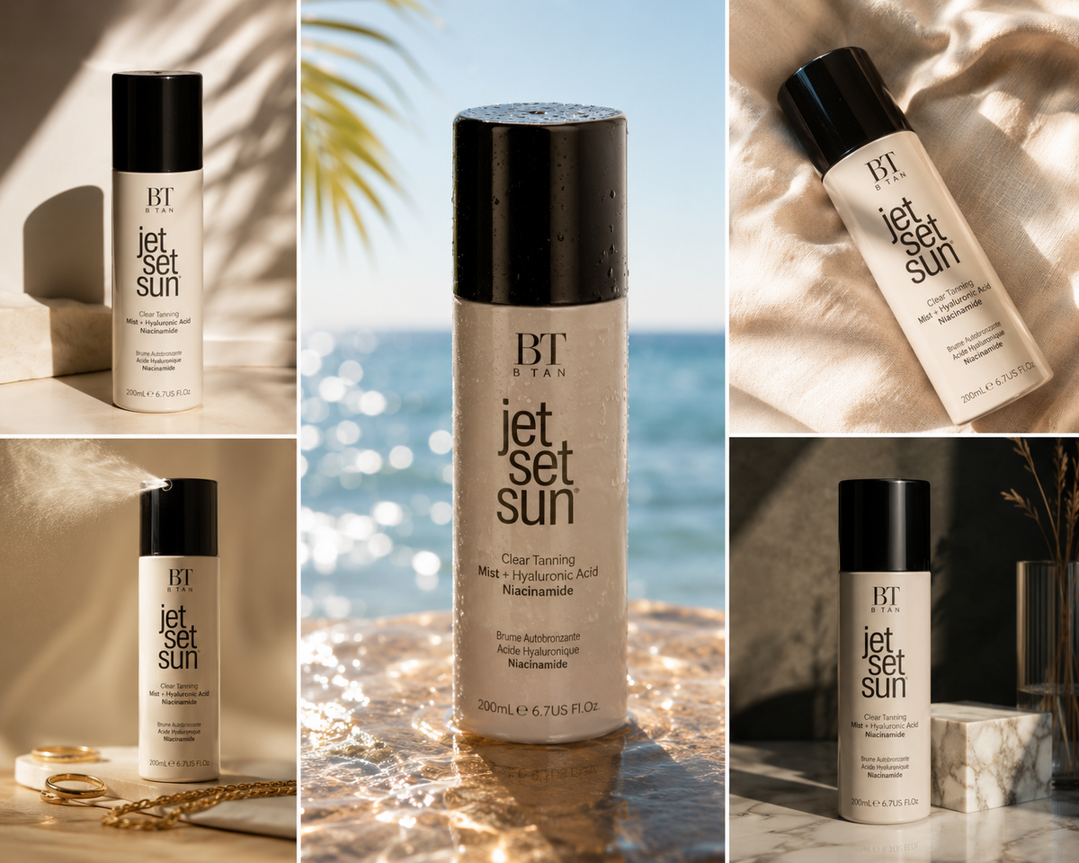 jet set sun produktet ved havet, på hvit stoff, med gullsmykker og på marmor – Clear Tanning Mist med hyaluronsyre og niacinamide, 200 ml