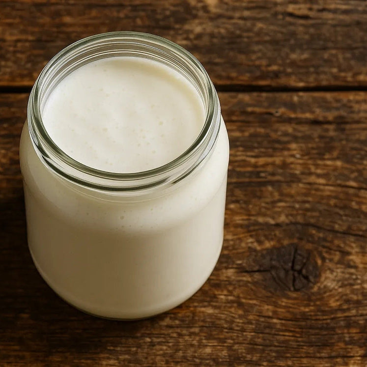 Hvit yoghurt i glasskrukke på trebord – naturlig kilde til melkesyrebakterier, nøkkelkomponent i Herba Plus Probilan pre- og probiotika