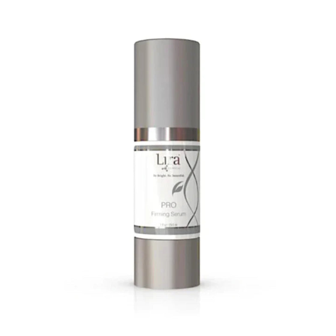 Lira Clinical PRO Firming Serum flaske og eske – grå airless pumpeflask med tilhørende grå PRO Firming Serum-eske og Lira Clinical-logo, oppstrammende anti-age serum med fire plantestamceller og kolloidalt gull, 29,6 ml