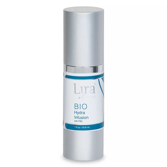  Lira Clinical BIO Hydra Infusion – grå airless pumpeflask med hvit og teal BIO Hydra Infusion-etikett og Lira Clinical-logo på hvit bakgrunn, ultra-hydrerende serum med hyaluronsyre og Silver Ear Mushroom Extract, 29,6 ml