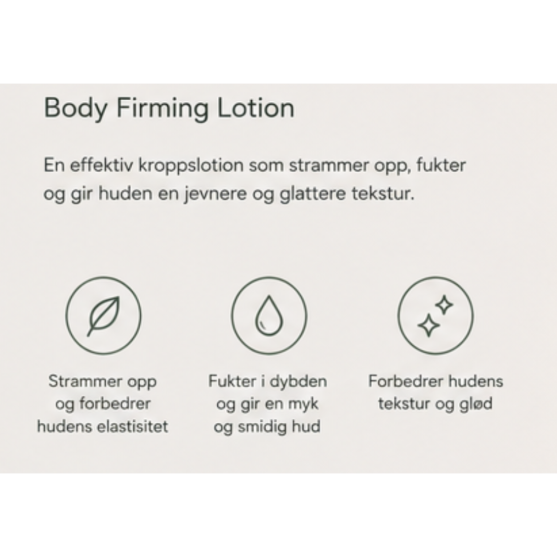 Lira Clinical Body Firming Lotion – infografikk med tre fordeler: strammer opp og forbedrer elastisitet, fukter i dybden, forbedrer hudens tekstur og glød