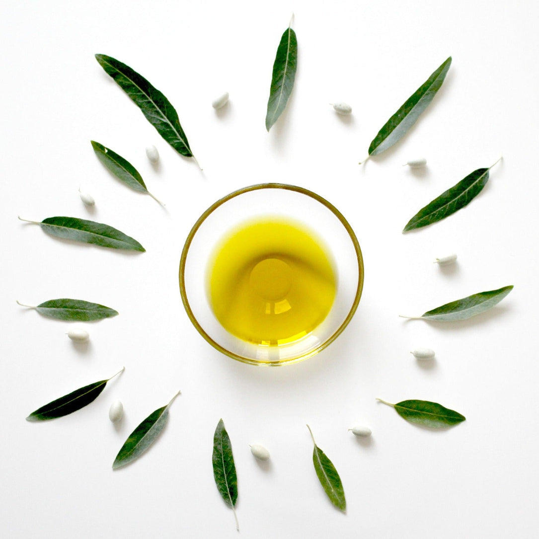 Gul planteolje i glasskål omgitt av olivenblader på hvit bakgrunn – vegetabilske fettsyrer er blant kildene til omega-6 og omega-9 i Herba Plus Cirkulan flytende fettsyrekompleks