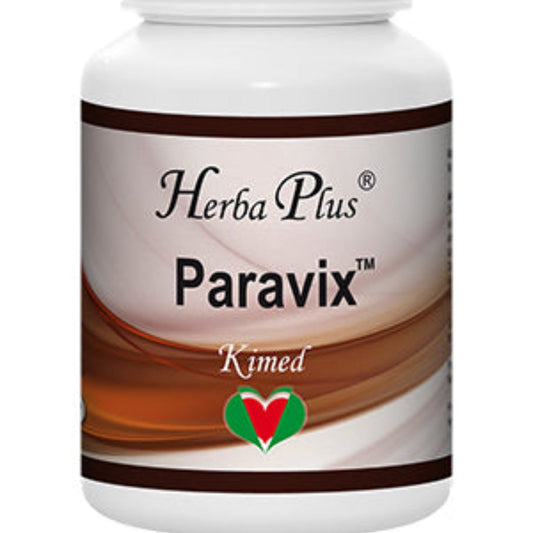 Herba Plus Paravix – hvit boks med brun etikett og Kimed-logo, kosttilskudd med timianolje og hvitløkekstrakt, 90 kapsler