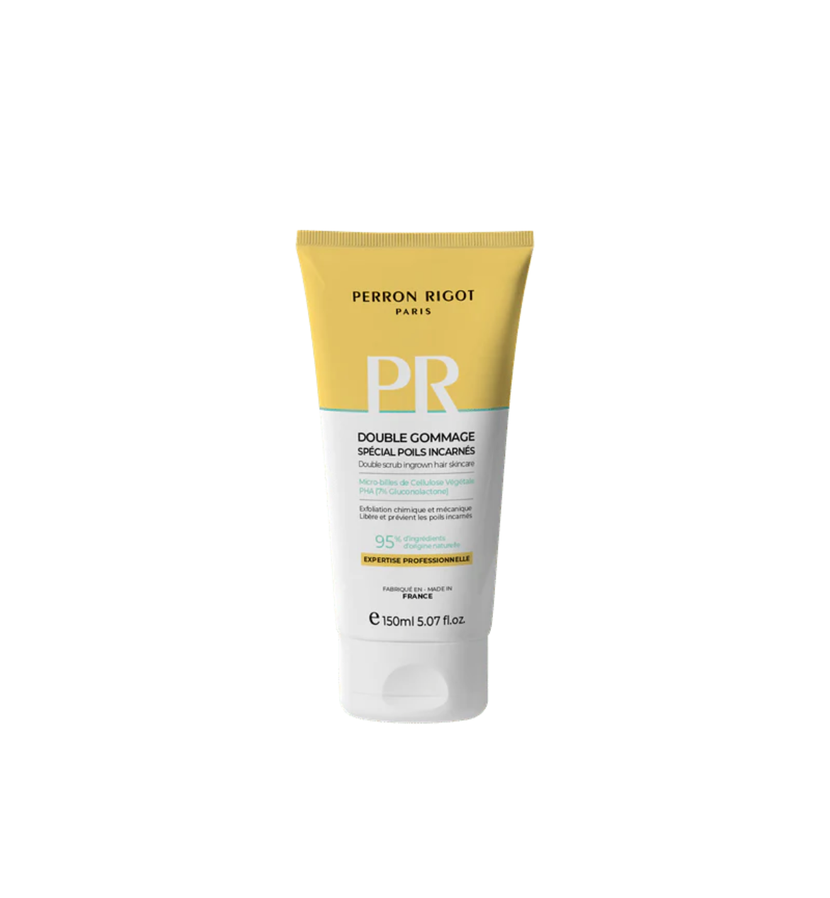 Perron Rigot Double Scrub kroppsskrubb 150 ml i gul og hvit tube på hvit bakgrunn
