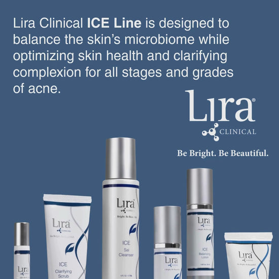  Lira Clinical ICE Balancing Lotion infografikk – viser produktegenskapene Daily, Oil Control, Light Weight og Matte Finish for talgregulering og balansert hud