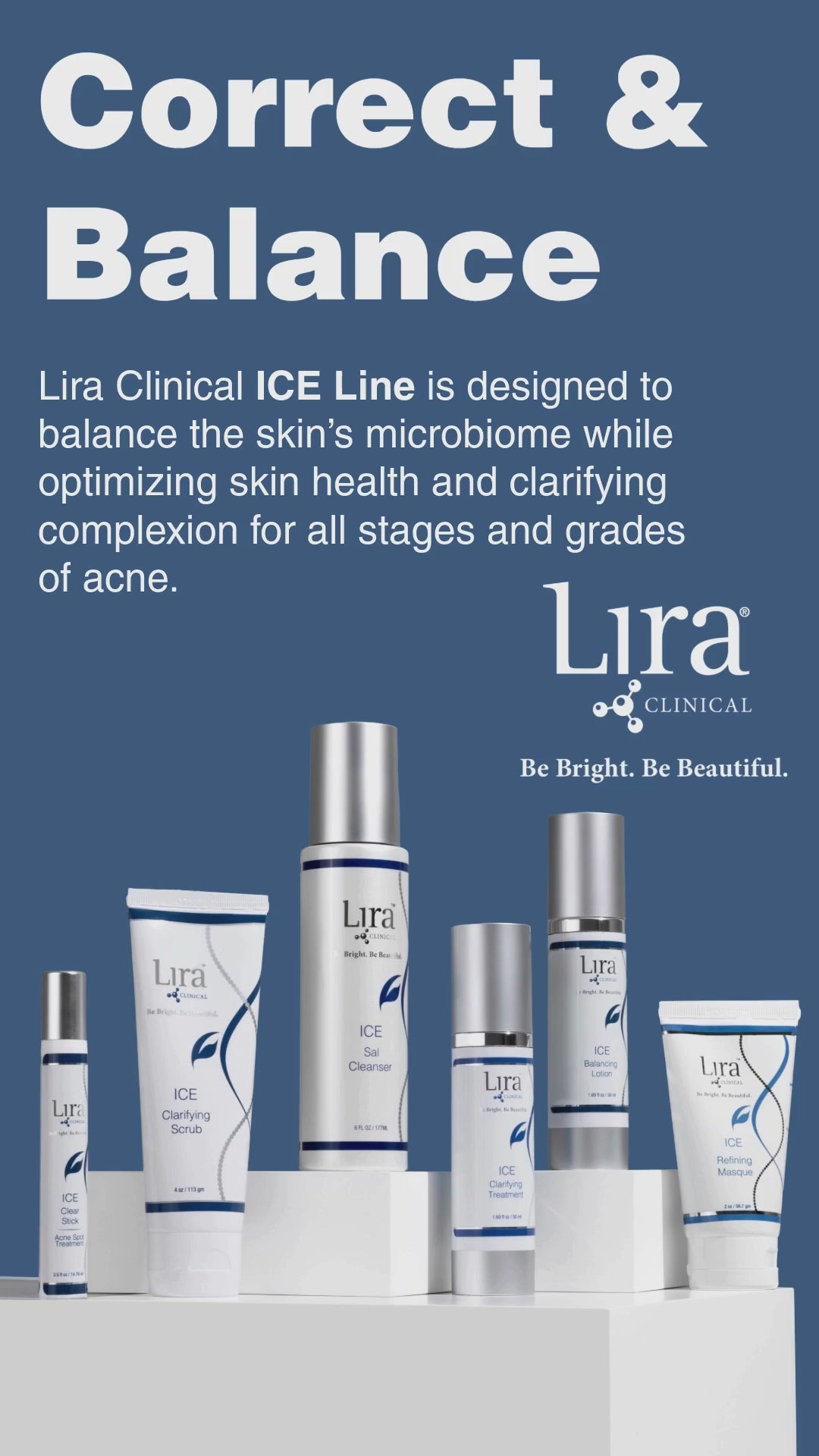  Lira Clinical ICE Balancing Lotion infografikk – viser produktegenskapene Daily, Oil Control, Light Weight og Matte Finish for talgregulering og balansert hud