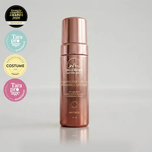 Tind of Norway Norwegian Caviar Foaming Cleanser for tørr hud, 150 ml, med prismerker på lys bakgrunn