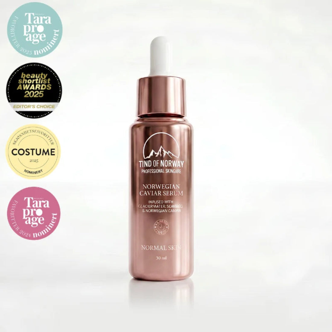 Tind of Norway Norwegian Caviar serum for normal og kombinert hud, 30 ml, med utmerkelsesmerker på lys bakgrunn