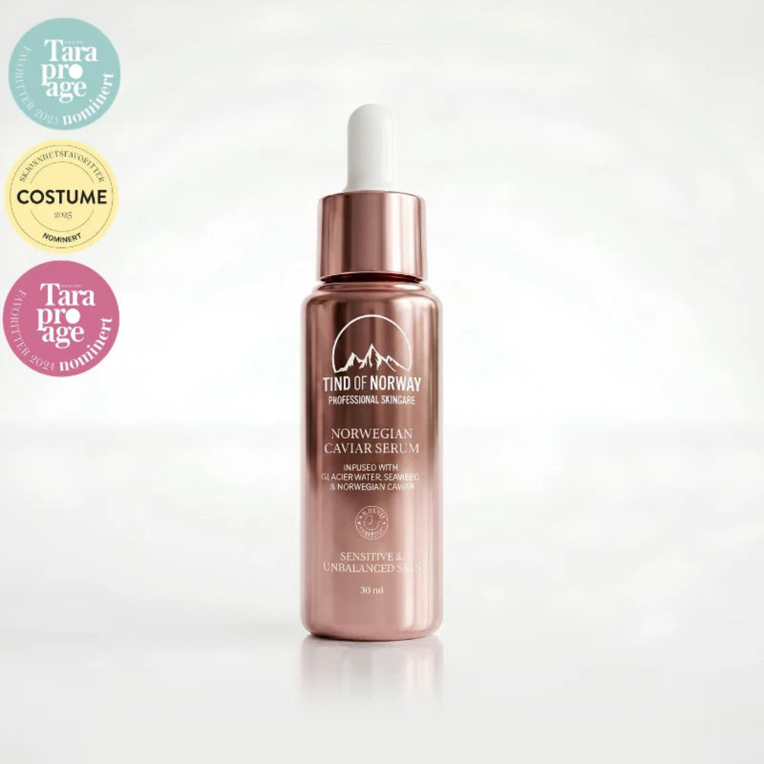 Tind of Norway Norwegian Caviar serum for sensitiv og ubalansert hud, 30 ml, med nominasjonsmerker på lys bakgrunn