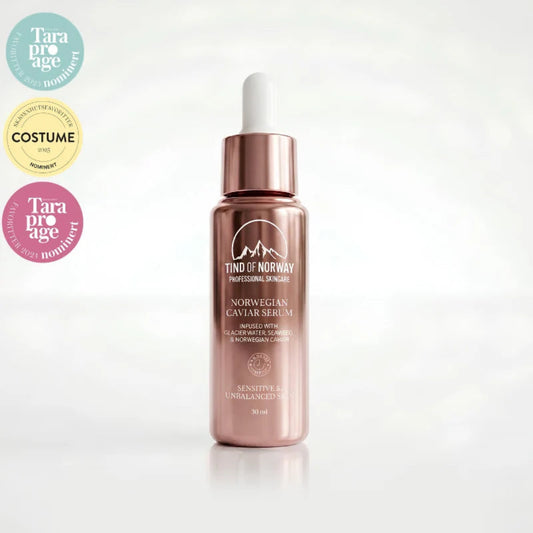 Tind of Norway Norwegian Caviar serum for sensitiv og ubalansert hud, 30 ml, med nominasjonsmerker på lys bakgrunn