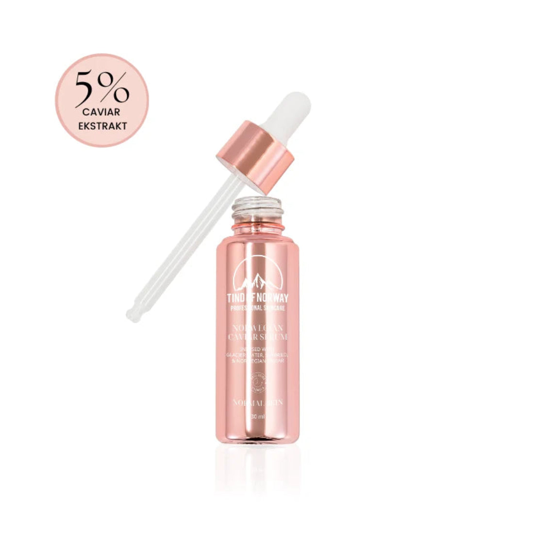 Åpen flaske med Tind of Norway Norwegian Caviar serum, løftet pipette og merke for 5 % caviar-ekstrakt