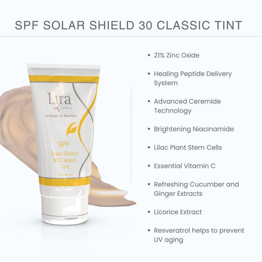 Solar Shield Classic Tint SPF 30 fra Lira Clinical – daglig farget solkrem med naturlig, sunn glød»